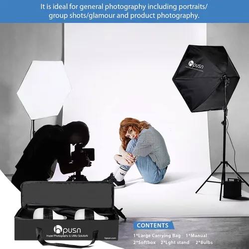 Miniatura 7 de HPUSN Softbox Kit de iluminación para fotografía, kit de iluminación Softbox de 30 x 30 pulgadas, 2 bombillas LED E27 Socket 5400K, luz de estudio