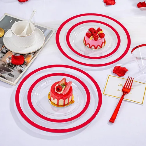 Miniatura 3 de I00000 Juego de 210 platos rojos, platos de plástico transparente y rojo que incluye 60 platos, 30 tazas, 30 servilletas enrolladas con cubiertos