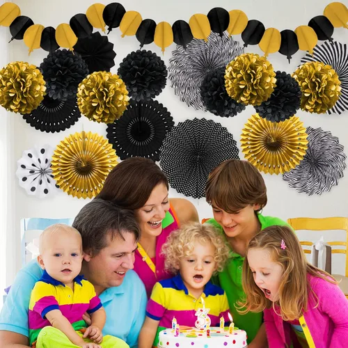 Miniatura 6 de Decoraciones negras y doradas, abanicos de pompones de papel para graduación, cumpleaños, boda, graduación, noche, Año Nuevo, decoraciones de fiesta