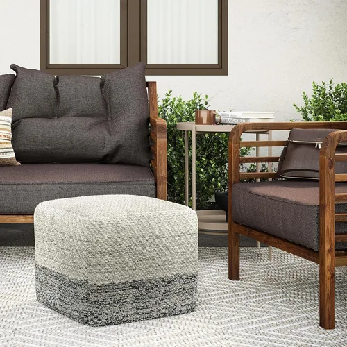 Miniatura 2 de SIMPLIHOME Macie Boho - Puf cuadrado tejido para exteriores/interiores en poliéster PET reciclado gris y blanco para sala de estar, dormitorio