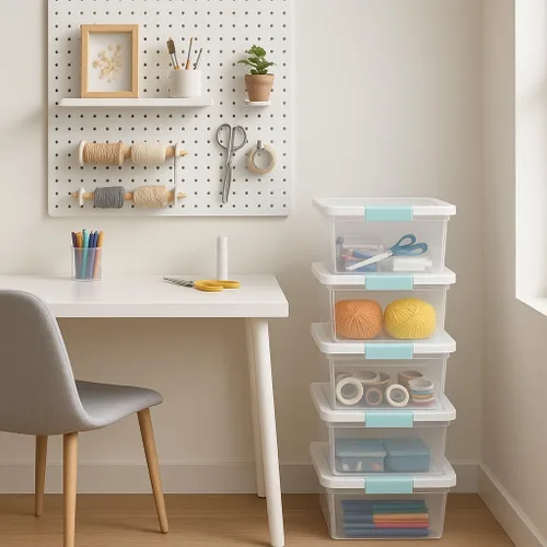 Miniatura 4 de Tribello Paquete de 6 contenedores de almacenamiento de plástico apilables de 12 cuartos de galón con tapa, solución organizadora para manualidades