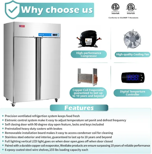 Miniatura 4 de WESTLAKE Congelador comercial de 48 pulgadas de ancho 2 puertas de 2 secciones de acero inoxidable Alcance en puerta sólida Ventilador Refrigeración
