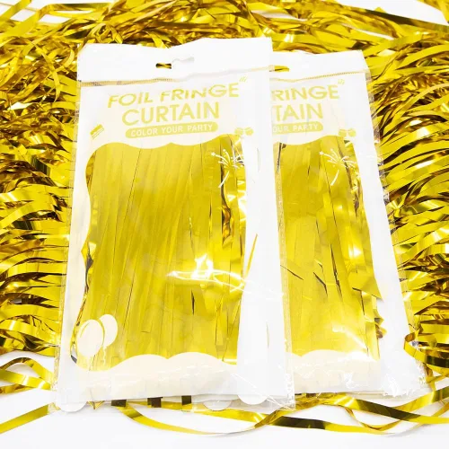 Miniatura 6 de Cortina de telón de fondo dorado con flecos para decoración de fiestas, 6.5 x 6.5 pies, paquete de 2 cortinas de papel de aluminio dorado