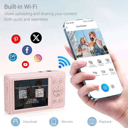 Miniatura 5 de Cámara digital 5K para fotografía, cámara de vlogging de pantalla dual de 80 MP para YouTube con WiFi, zoom digital 16X, función de belleza, Rosa