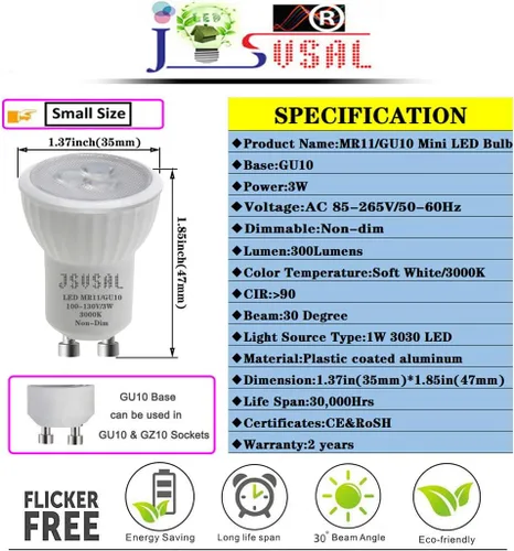 Miniatura 2 de Paquete de 2 mini bombillas LED MR11 GU10 de 1.378 in, luz blanca suave de 3000 K, CA 85-265 V, 3 W GU10 bombillas de foco de base que reemplazan