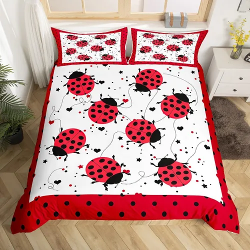 Juego de ropa de cama de mariquita roja, tamaño individual, funda de edredón de mariquitas de dibujos animados para niños y niños, bonita funda de