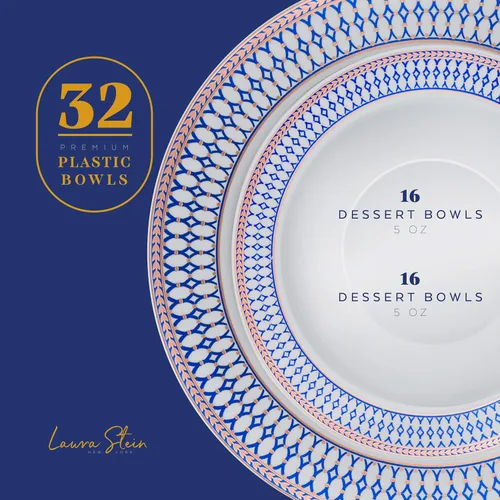 Miniatura 2 de Laura Stein Juego de vajilla de diseñador 32 cuencos de plástico desechables para fiestas, cuenco de boda blanco con borde azul y detalles de oro