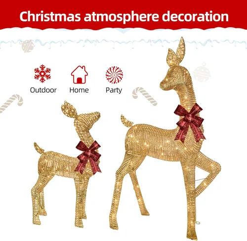 Miniatura 2 de 2 piezas de ciervos de Navidad grandes iluminados, decoración de patio de HOYECHI al aire libre, reno de ratán con 85 luces LED, estacas, lazos