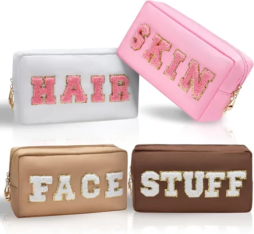 Bolsas de maquillaje Preppy, trébol de piedra, 4 piezas, organizador de viaje, bolsa de parche, grande, letras universitarias, artículos de tocador,