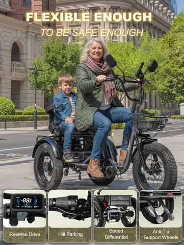 Miniatura 4 de Folding Electric Tricycle for Adults 2 Seater, 20MPH 100 Miles 4" Wide Fat Tire Electric Trike, 3 Wheel Electric Bike 1200W, 48V 20AH Battery