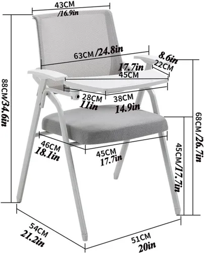 Miniatura 3 de Silla de oficina de malla con escritorio adjunto para adultos, silla plegable ergonómica con tablero de escritura, respaldo de marco de metal