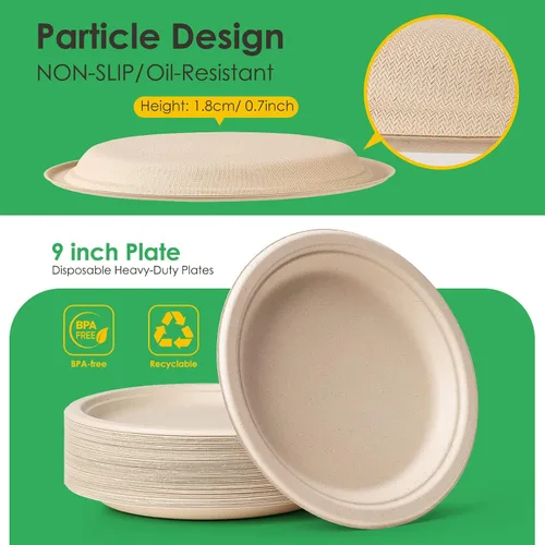 Miniatura 3 de Gezond 150 platos de papel compostables de 9 pulgadas, platos desechables sin blanquear, resistentes y ecológicos, de fibra de caña de azúcar, placa