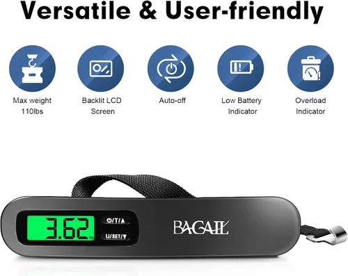 Miniatura 5 de BAGAIL Digital Luggage Scale, 110lbs Hanging Baggage Scale with Backlit LCD Display, Portable Suitcase Weighing Scale, Travel Luggage Weight Scale