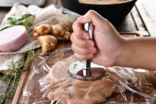 Miniatura 2 de Ablandador de Carne - Herramienta Redonda de Aplanado de Pollo de Acero Inoxidable Fundido - Funciona Genial Como Prensa para Hamburguesas - Apta
