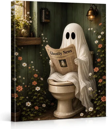 Miniatura 39 de QPVXSST Arte de Pared Interesante de Fantasma de Halloween para Baño, Póster Impreso en Lienzo de Estilo Gótico, Decoración de Baño con Diseño