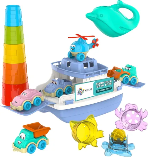 Ferry Fun & Friends - 15 piezas y juguetes de baño para bebés con barcos de ferry, autos para bañera, camiones, helicóptero, tazas apilables y