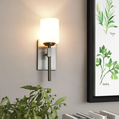 Miniatura 5 de Aplique de pared de 1 luz, elegante iluminación de pared en níquel cepillado, 1 luz de transición para tocador de baño con pantalla de vidrio opal