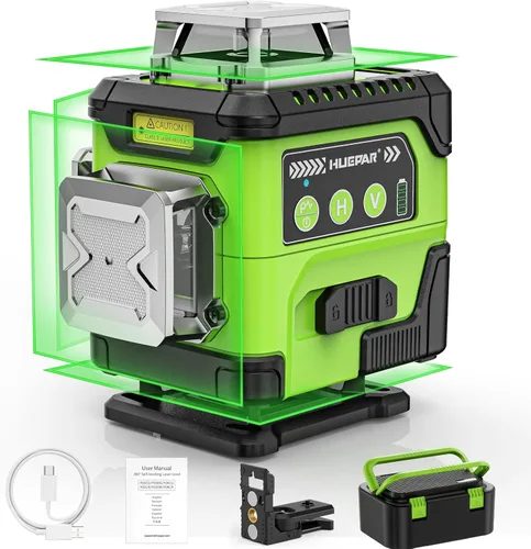 Miniatura 10 de Huepar Nivel láser con pantalla de ángulo digital, 3 x 360° autonivelante de alto brillo, 12 líneas cruzadas verdes láser para construcción y colgar