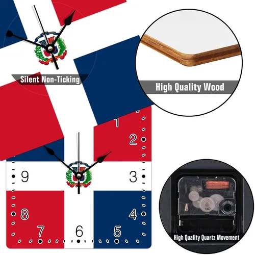 Miniatura 3 de Relojes de pared cuadrados de madera con bandera nacional de la República Dominicana con números arábigos, reloj silencioso sin tictac, funciona