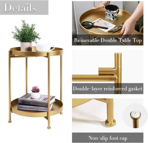 Miniatura 4 de Tiita Paquete de 2 mesas auxiliares redondas, mesa auxiliar mental, mesas pequeñas de madera, mesa auxiliar con bandeja de madera para sala de Dorado