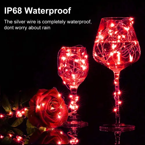 Miniatura 3 de echosari Paquete de 2 Luces de Hadas Rojas a Pilas 200 LED 66 Pies Alambre Plateado Luces de Cadena Estrelladas Temporizador Automático 8 Modos Rojo
