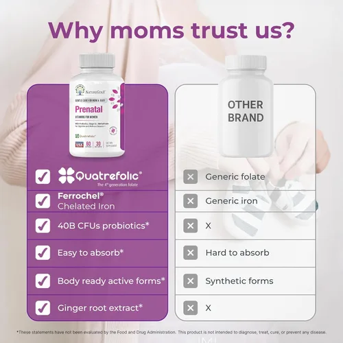 Miniatura 5 de NatureGenX Metil prenatal con probióticos - Vitaminas prenatales para mujeres con hierro, folato de metilo, jengibre, B12 activo y 28 nutrientes