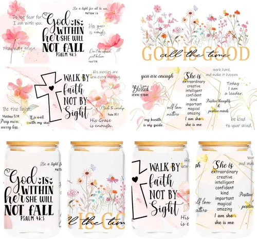 Adhesivo UV DTF para tazas, 4 hojas de transferencia de flores de la Biblia UV DTF para vidrio de 16 onzas, floral, citas inspiradoras, versículo de
