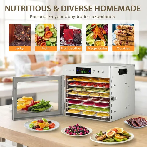 Miniatura 4 de HOPERAN Máquina deshidratadora de alimentos con 8 bandejas de acero inoxidable, temporizador digital y control de temperatura ajustable para cecina