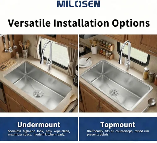 Miniatura 8 de MILOSEN Fregadero de cocina para autocaravana de 25 x 15 pulgadas, fregaderos de cocina de acero inoxidable bajo encimera de un solo tazón