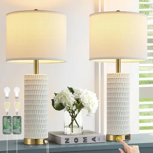 Miniatura 9 de Reaketon Juego de 2 lámparas blancas de 67.3 cm para recámara, lámparas de mesa modernas para sala de estar con puertos USB C+A, lámparas táctiles