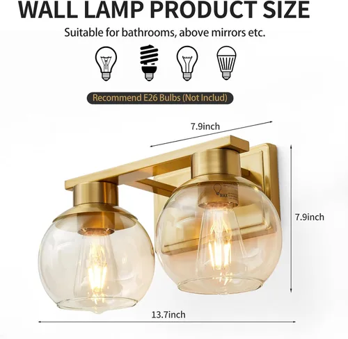 Miniatura 3 de PAZALA 2 luces de tocador, lámpara de pared de baño de latón cepillado con pantalla de vidrio esmerilado, lámpara de baño sobre espejo