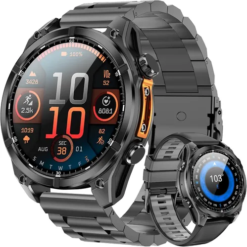 Reloj inteligente para hombre, brújula, cuerpo de acero inoxidable, resistente al agua hasta 98.4 ft, batería extragrande de 400 mAh, reloj Negro