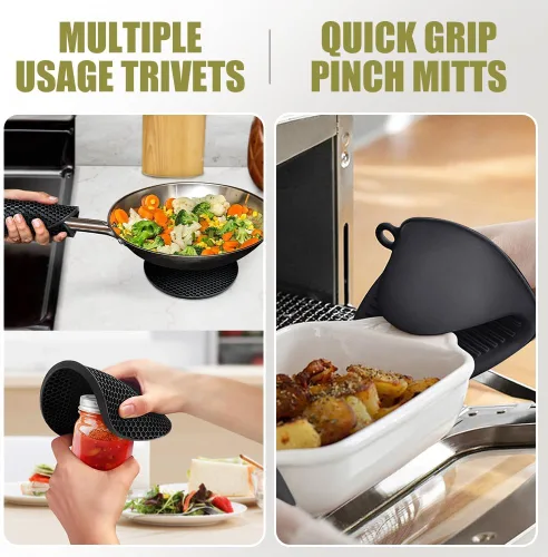 Miniatura 3 de Rorecay Juego de 6 manoplas y soportes para ollas, guantes de horno resistentes al calor de 500 grados, extra largos y antideslizantes de silicona