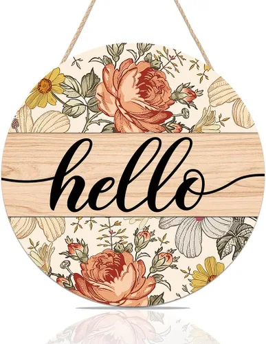 FWIEXA Letrero vintage de Hello para puerta delantera, letrero bohemio con flores, colorido floral de bienvenida, letrero colgante de madera para