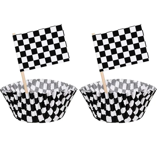 TecUnite 100 piezas de banderas a cuadros de carreras para cupcakes y 100 piezas de decoración de cupcakes de carreras de coches de carreras,
