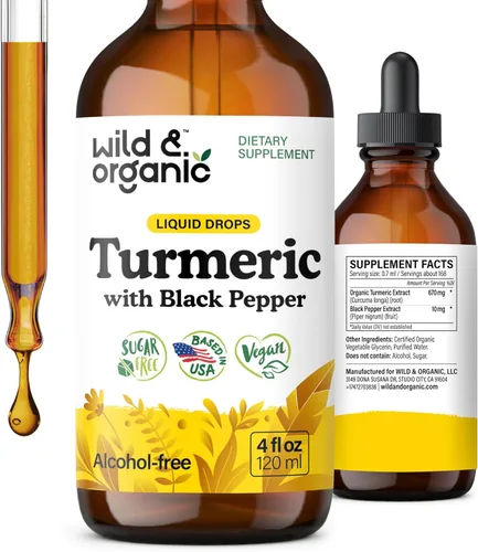 Wild & Organic Suplemento de cúrcuma gotas líquidas - Movimiento y apoyo inmunológico - Cúrcuma líquida con extracto de pimienta negra - Añadir a la