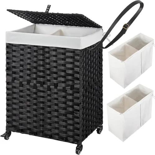 Miniatura 43 de GREENSTELL Cesta para ropa sucia con ruedas y tapa, 130 L, cesta grande de 3 secciones con 2 tipos de bolsas de forro extraíbles, 5 bolsas de malla