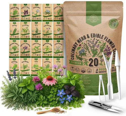 Paquete variado de 20 hierbas culinarias y semillas de flores comestibles para plantar en interiores y exteriores. Más de 9500 semillas de flores