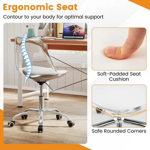 Miniatura 4 de COSTWAY Silla de escritorio transparente, sillas de oficina de acrílico rodantes sin brazos con asiento giratorio y cojín de piel sintética, altura