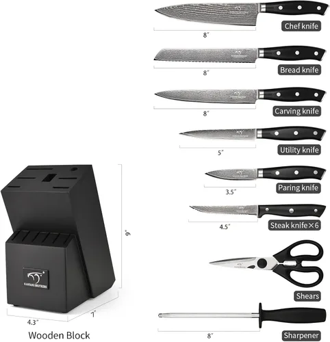 Miniatura 5 de NANFANG BROTHERS Damascus - Juego de cuchillos de cocina de 14 piezas con tijeras y afilador, acero de damasco VG10, mango ergonómico ABS, Negro