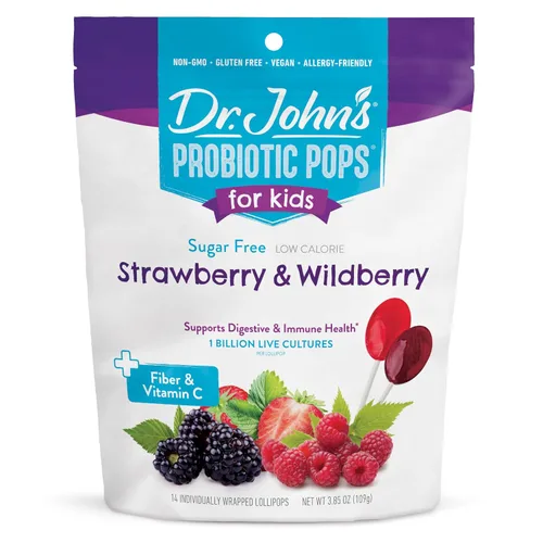 Dr. John's Healthy Sweets Paletas probióticas para niños, fresa y bayas silvestres con cero azúcar, sin colorantes, a base de plantas, aptas para