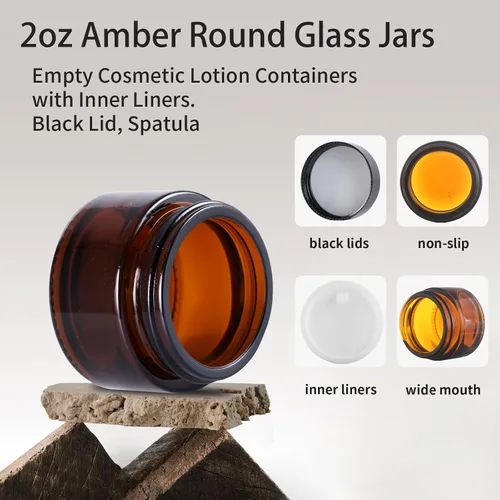 Miniatura 3 de 2oz Frasco de vidrio ámbar de tamaño para viajes, 4 piezas de envases vacíos para loción cosmética con tapa negra y espátula, frasco mini pequeño