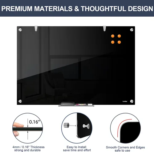 Miniatura 2 de Pizarra blanca de borrado en seco magnética negra de vidrio, TANKEE moderna pizarra blanca de vidrio templado sin marco grande para pared, oficina