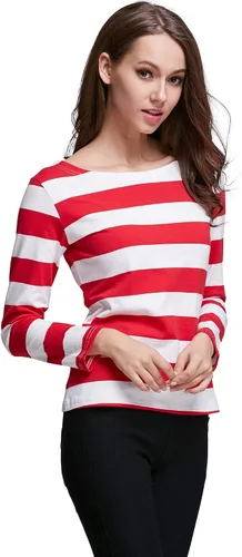 Miniatura 6 de HUHOT - Camiseta de manga larga para mujer, cuello de barco, rayas, ajuste relajado, camiseta de Navidad