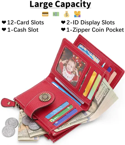 Miniatura 44 de SENDEFN - Billetera pequeña de piel auténtica para mujer, diseño plegable con ventana para tarjeta de identificación