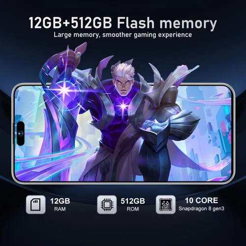 Miniatura 7 de Teléfono celular desbloqueado PMAX de 12 GB+512 GB, pantalla HD de 6.99 pulgadas, teléfonos Android 15 5G, batería 7000 mAh desbloqueado el Púrpura