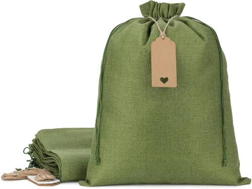 Tapleap Bolsas de arpillera con cordón – 10 bolsas de regalo verdes de 12 x 16 pulgadas para envolver regalos, ropa, desinfectante de manos, panes,