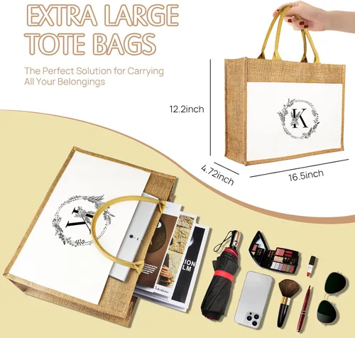 Miniatura 6 de JUSTOTRY Bolsa de mano con inicial, yute natural, grande, 13 onzas, personalizada, bolsa de lona con monograma, regalo para mujer K