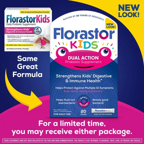 Miniatura 2 de Florastor Suplemento probiótico de doble acción para niños, fortalece la salud digestiva e inmunológica de los niños, 20 barras de polvo fáciles