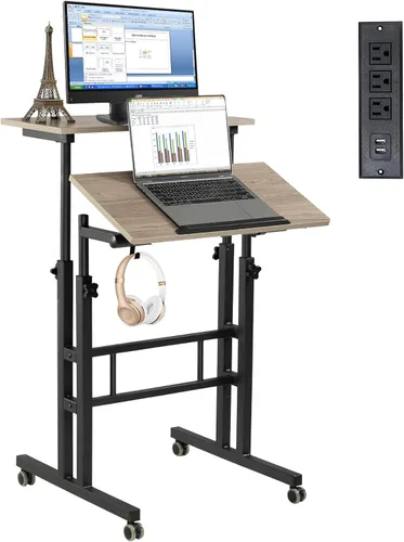 Miniatura 12 de Hadulcet Escritorio móvil de pie con estación de carga, escritorio ajustable para computadora de pie, carrito ajustable para laptop con ruedas